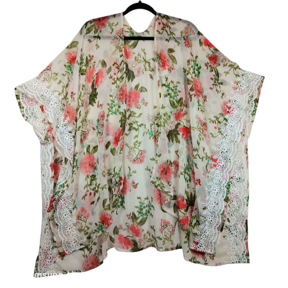 Women's Floral Embroidered‎ Kimono  One Size Beige Boho Beach Cover Up